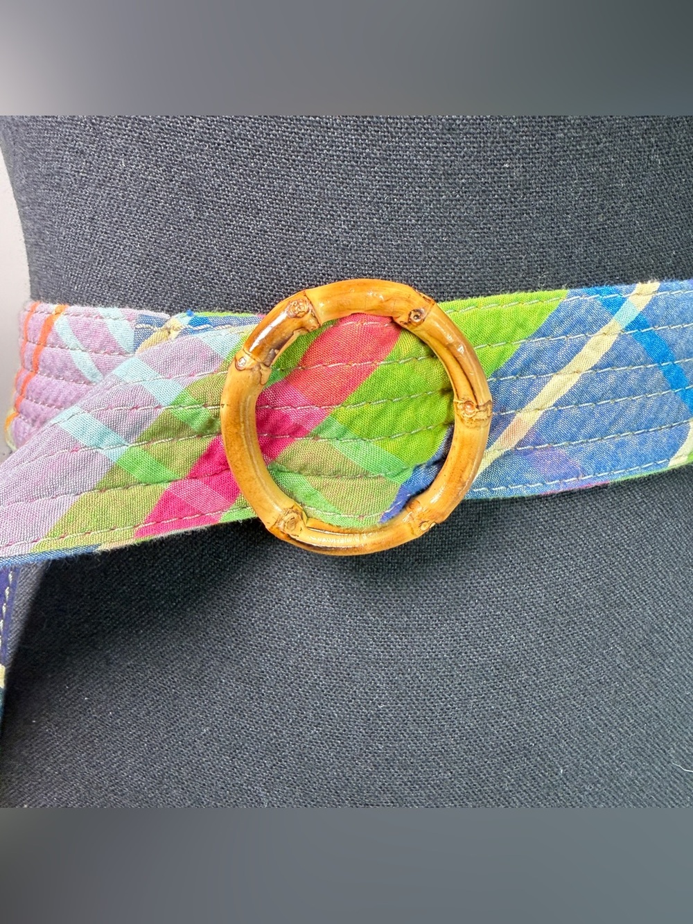 Vintage Quilted Madras Plaid Belt | Bamboo Ring Buckle | Multicolor | S/M/L - Picture 3 of 7